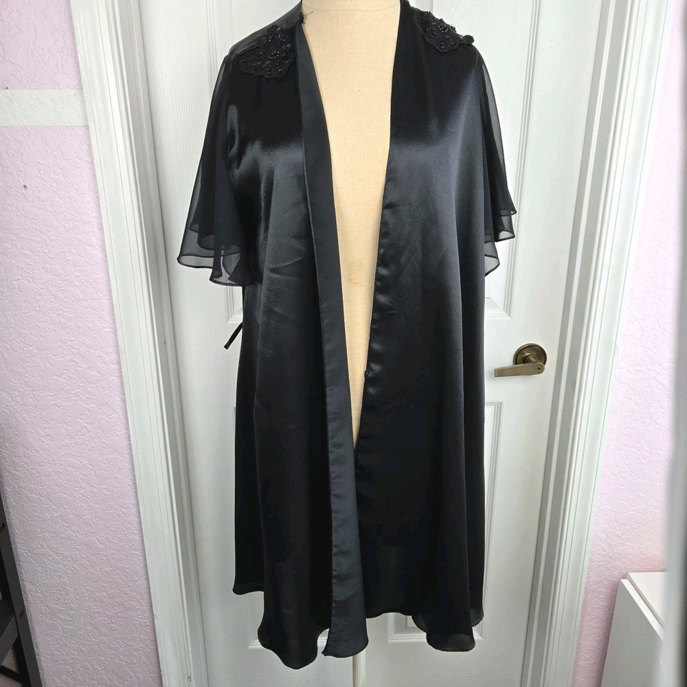 Dentelle Vtg Black Satin Kimono Robe Shoulder Appliques Size S Lingerie USA
